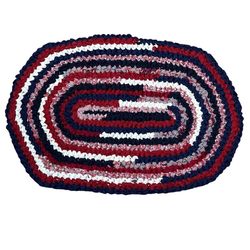 Handmade Knot Rug Oval Rag Rug Red White Blue - Picture 1 of 5